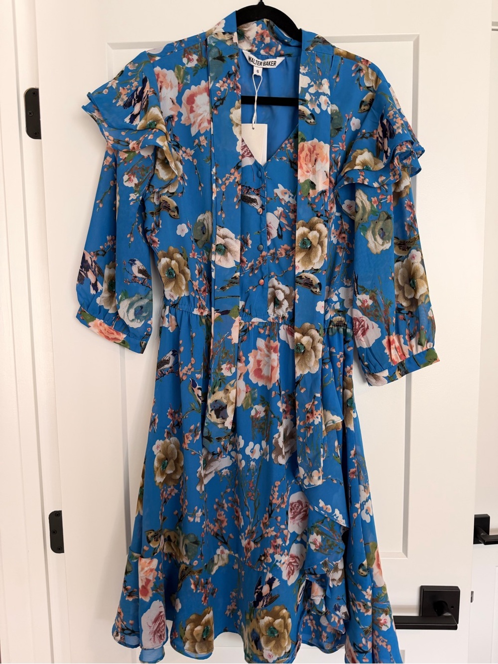 Walter Baker Blue Floral Ruffle Midi Dress